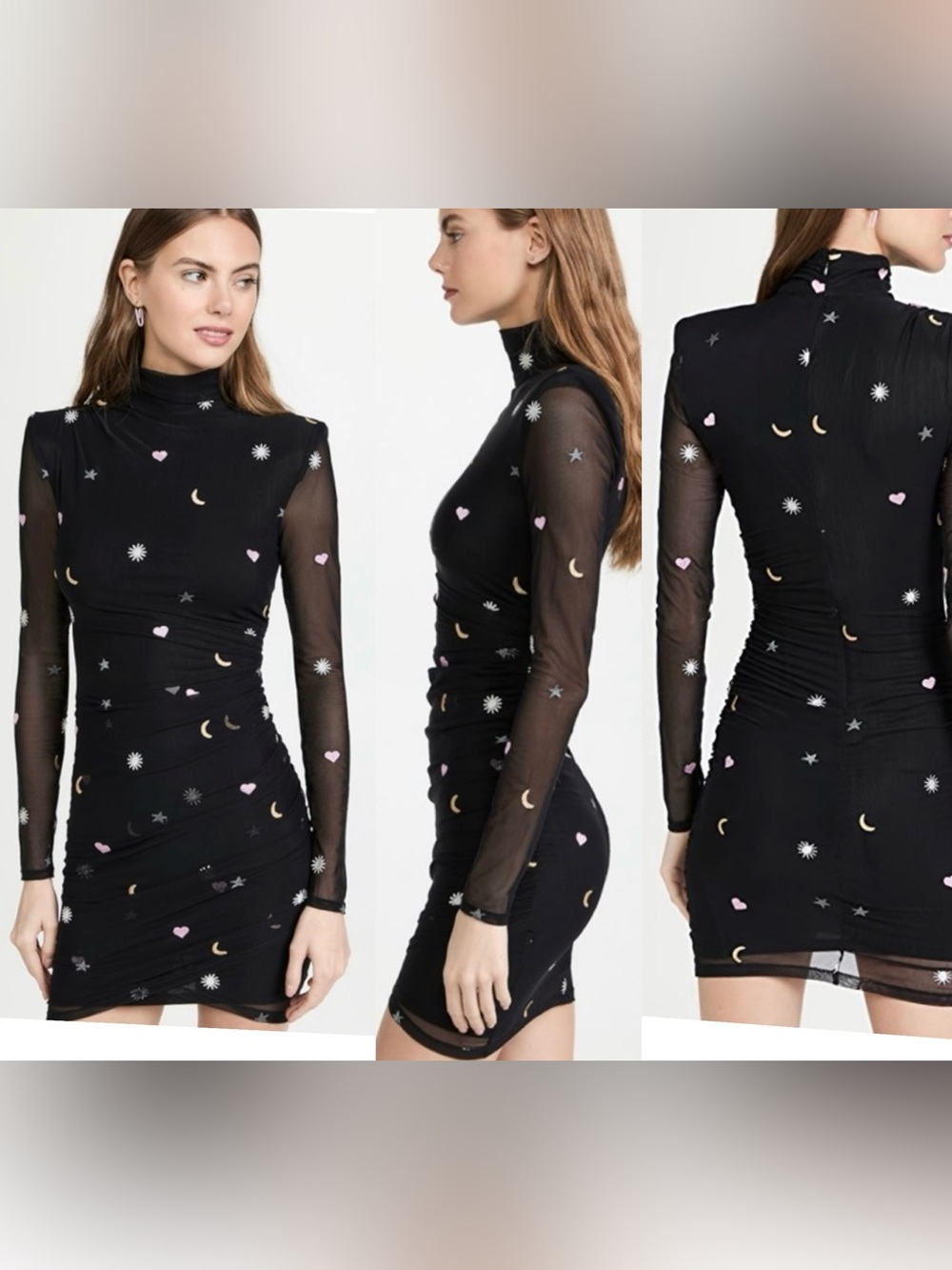 Cinq a Sept Marlene Dress 14 Black Mesh Hearts Stars Moon Celestial Bodycon Mini